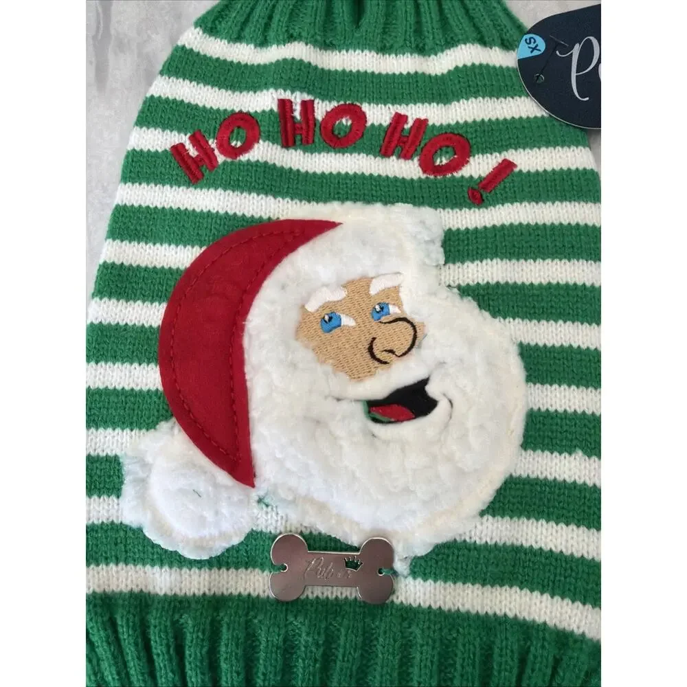 Puli & Co. Knitted Green/White Striped Santa Face Dog Sweater ~ XS~ NWT